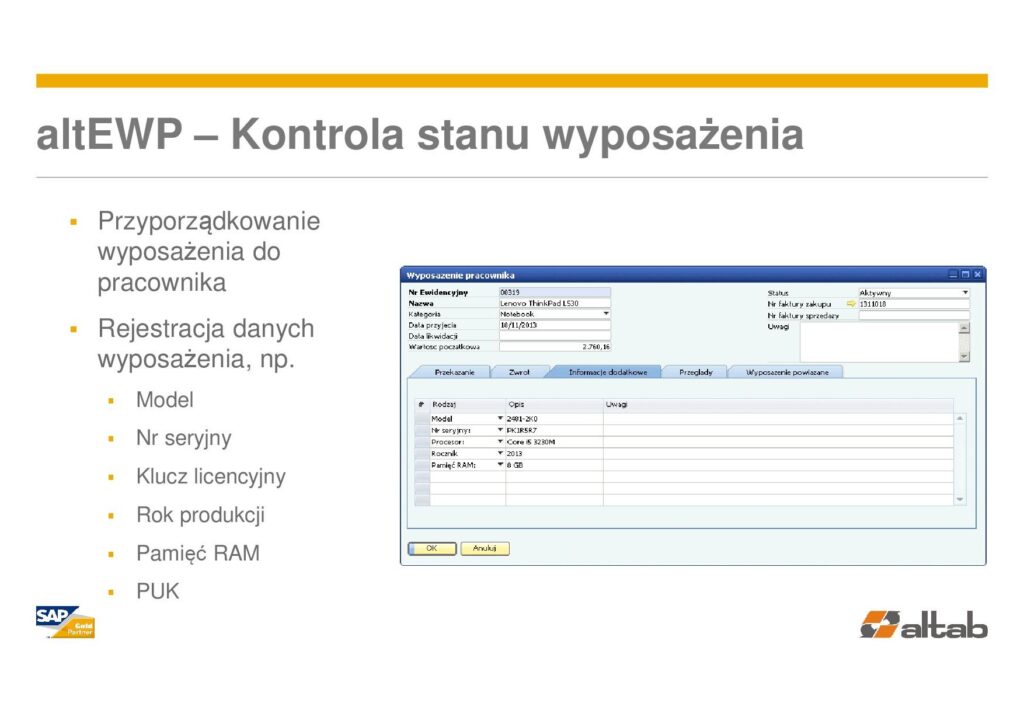 parametry wyposażenia -Ewidencja wyposażenia w SAP Business One