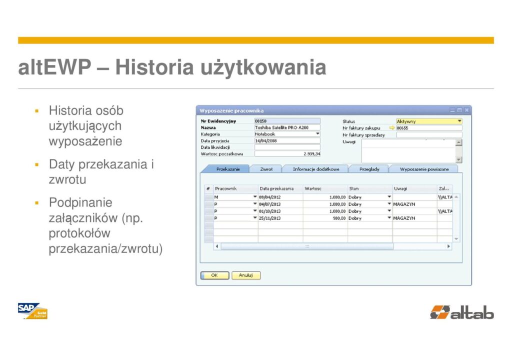 historia użytkowania - Ewidencja użytkowania w SAP Business One