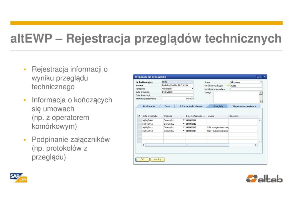 przeglądy techniczne - Ewidencja wyposażenia w SAP Business One