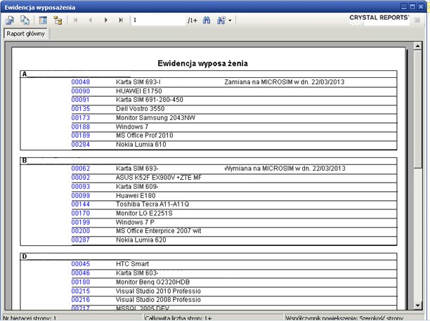 raport Ewidencja wyposażenia w SAP Business One